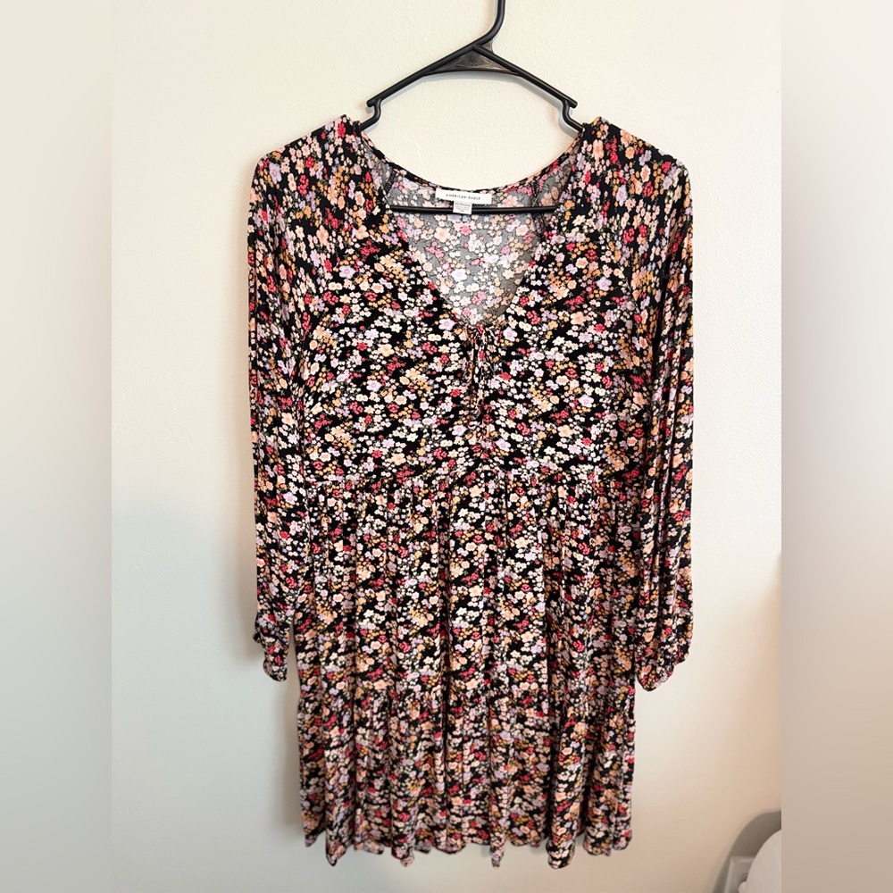 American Eagle Outfitters Black Floral Tie-Neck Long Sleeve Dress